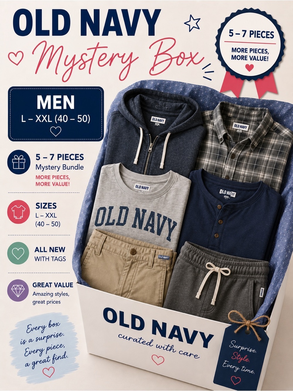 🎁 OLD NAVY Deluxe Mystery Box • 5-7 Pcs • Men’s Sz L to XXL • NWT Only
